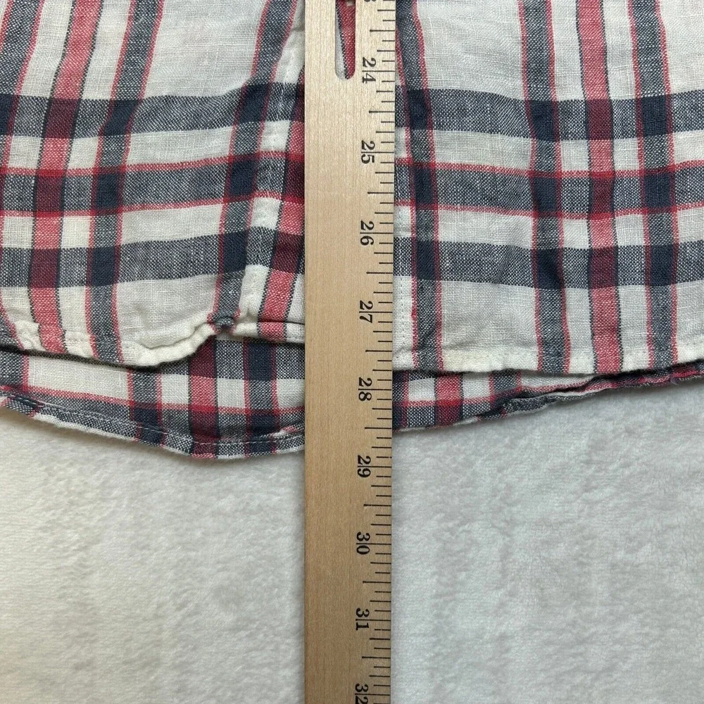 J Crew Linen Shirt Mens‎ Large White Red Black Plaid Slim Fit Long Sleeve